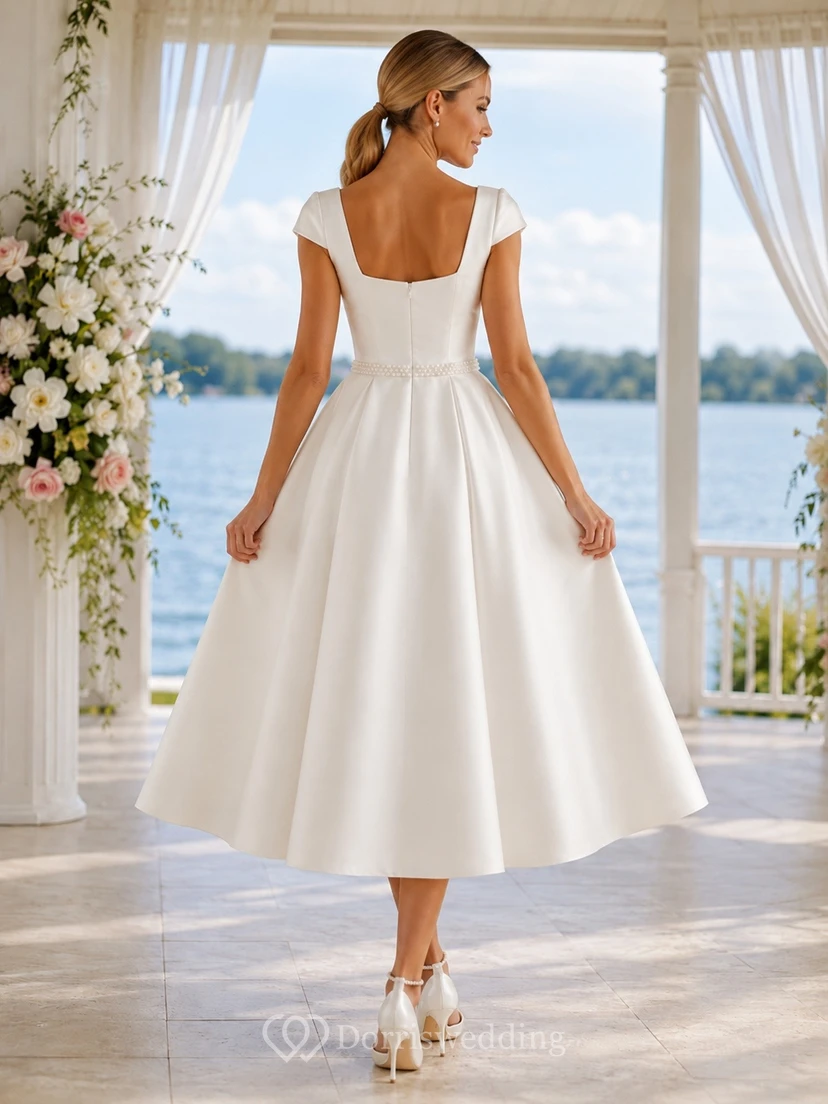 Vestido de novia de satén de corte A con escote cuadrado y largo hasta la rodilla para renovación de votos view 2
