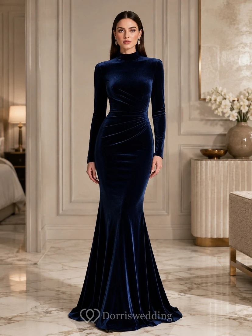 Vestido de noche sexy de terciopelo azul marino oscuro, manga larga y cuello alto, estilo sirena, largo hasta el suelo