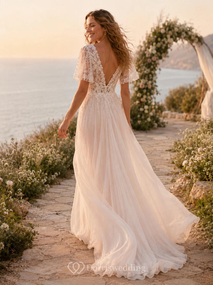 Robe de mariée de plage en mousseline de soie rose poudré, col en V, manches papillon en dentelle, coupe trapèze, traîne, style bohème. view 2