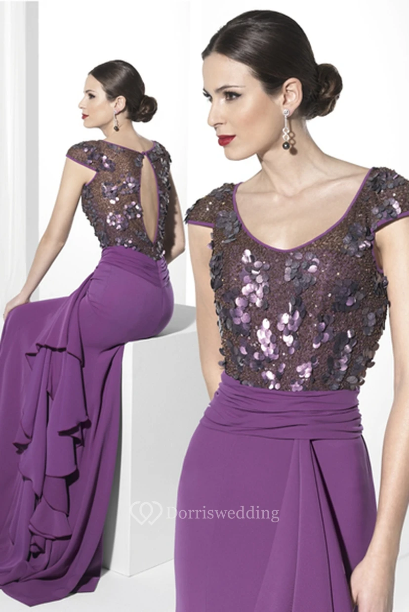 Sheath Maxi V-Neck Cap-Sleeve Sequined Jersey Prom Dress With Beading view 2