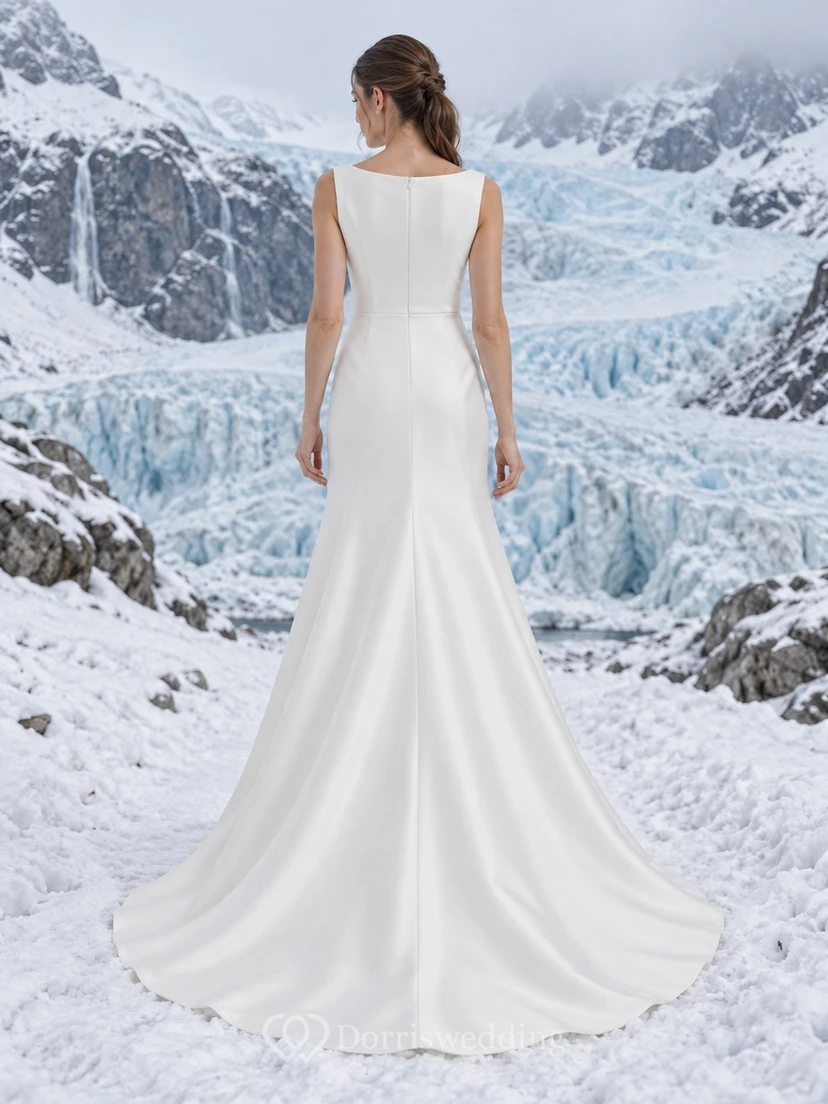 Vestido de novia de satén sin mangas con escote barco, corte sirena, botones en la parte delantera y cola larga. view 2