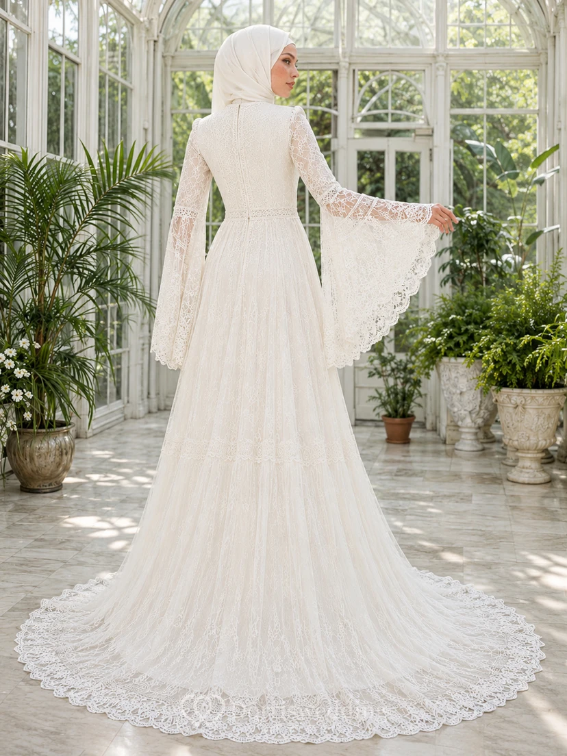 Modest Muslim Bell Sleeve Greenhouse Lace Bridal Gown view 2