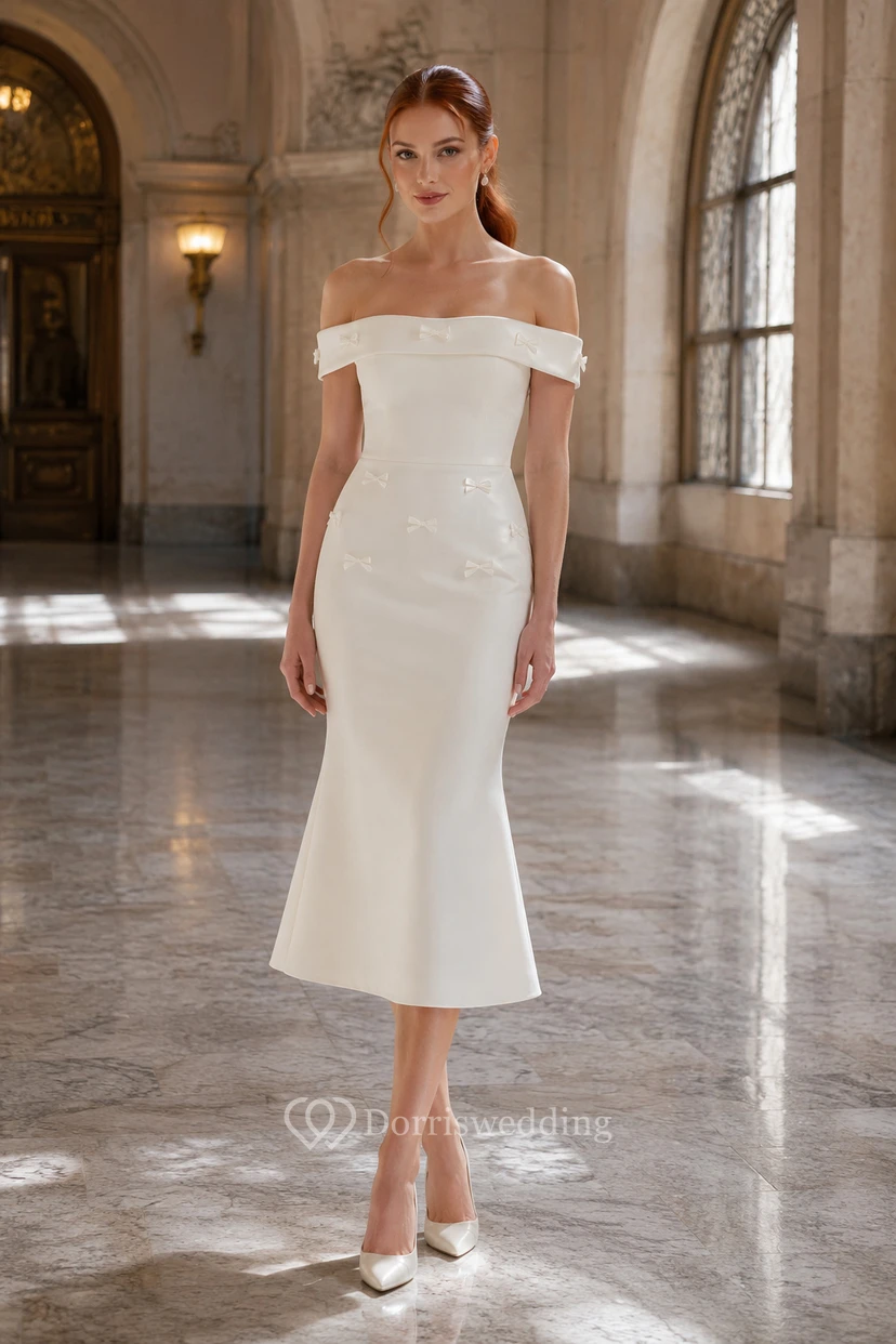 Ivory Off-the-Shoulder Satin Tea-Length Sheath Dress