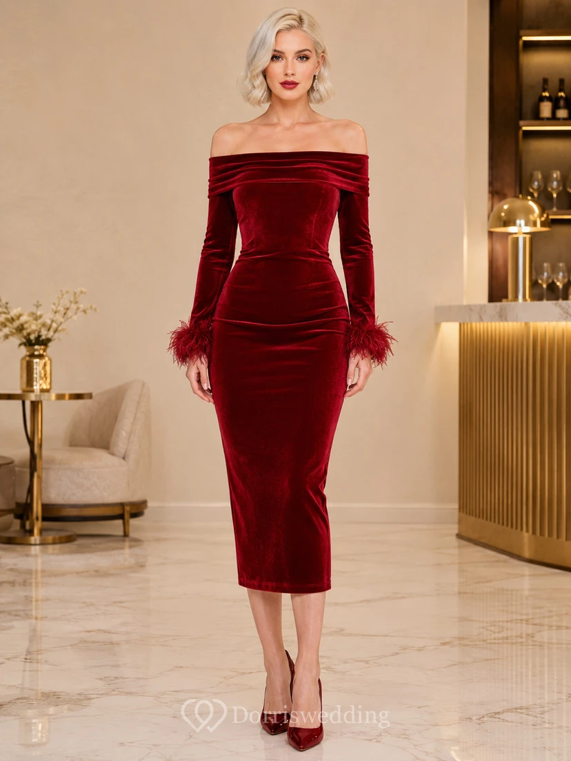 Burgunderfarbenes, schulterfreies Samtkleid mit Federmanschetten und Raffungen – perfekt für Tee, Abend und Cocktail.