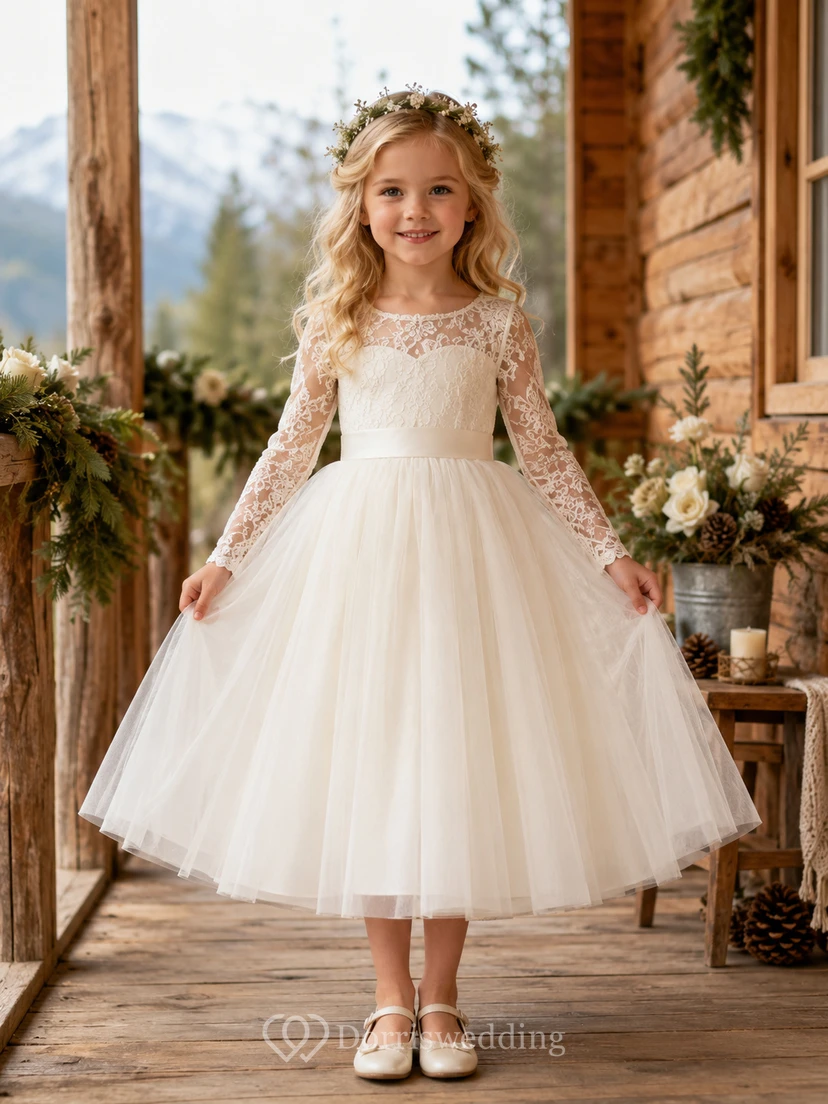 Vestido de niña de flores color marfil, largo hasta la rodilla, encaje, tul, corte en A, escote ilusión tipo barco, manga larga, espalda abotonada, lazo de satén.