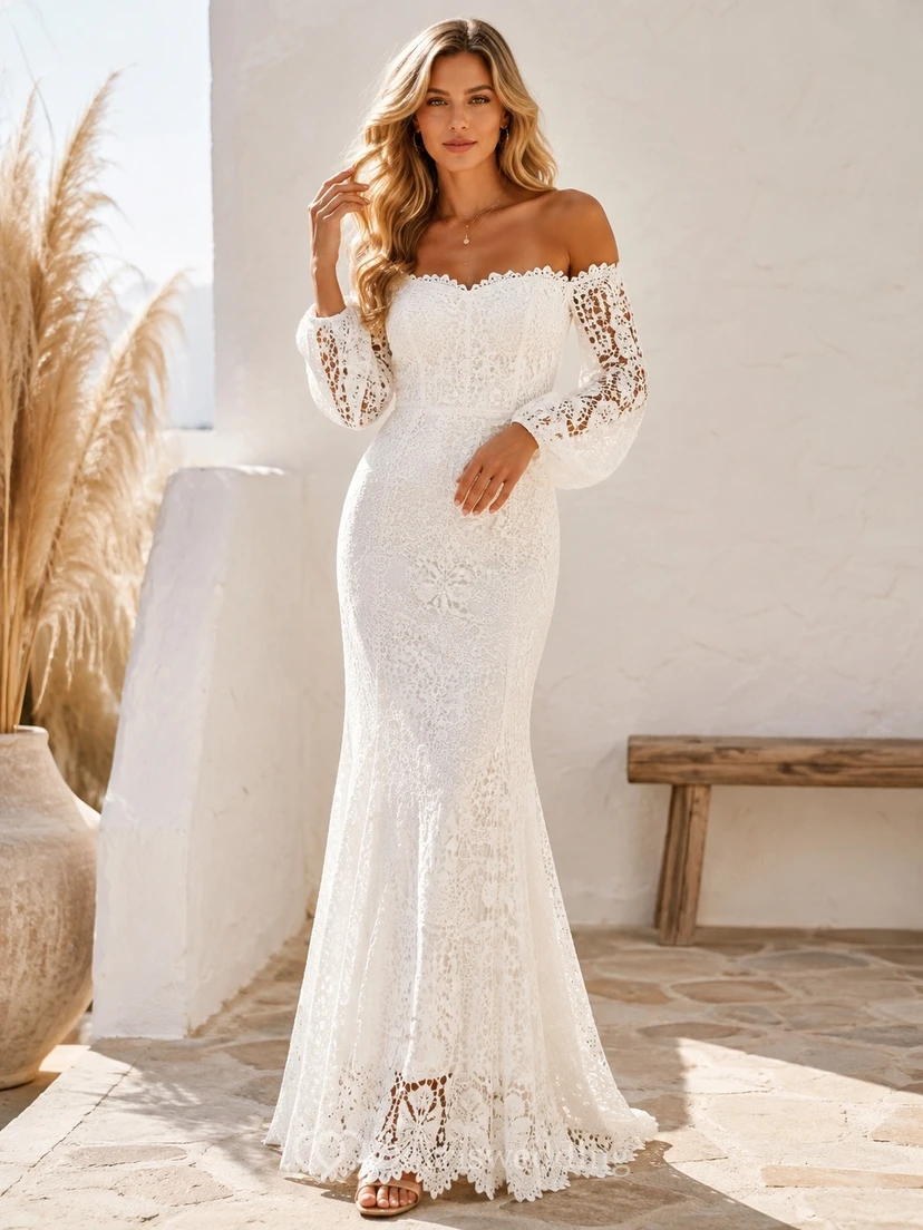 Vestido de novia bohemio de sirena, manga larga, hombros descubiertos, encaje, largo hasta el suelo.
