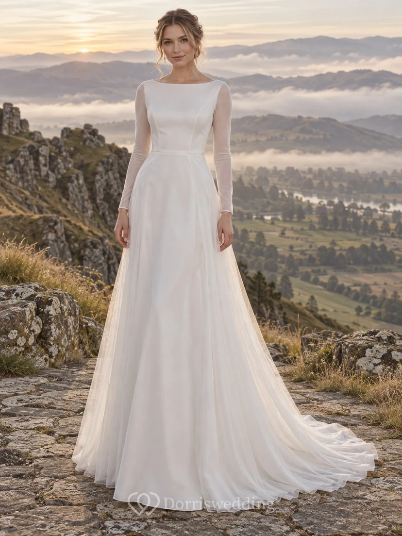 Einfaches Brautkleid in A-Linie mit U-Boot-Ausschnitt, langen Illusionsärmeln und Tüll.