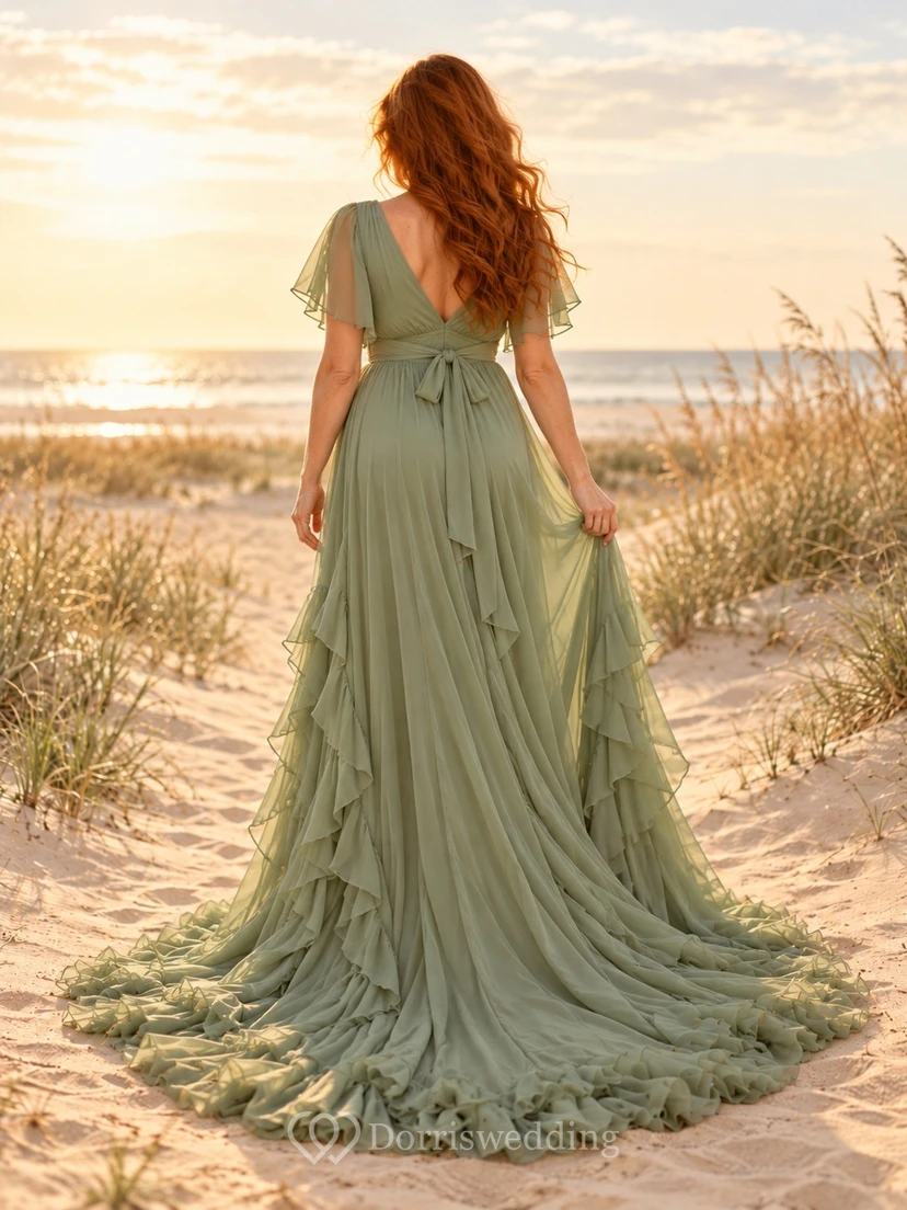 Maternity Sage V Neck Flutter Sleeve Tiered Ruffled Train Gown view 2