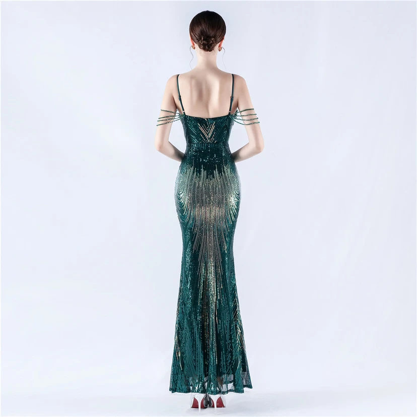 Robe de soirée à bretelles ornée de sequins et de perles, avec motif floral et perles. view 15