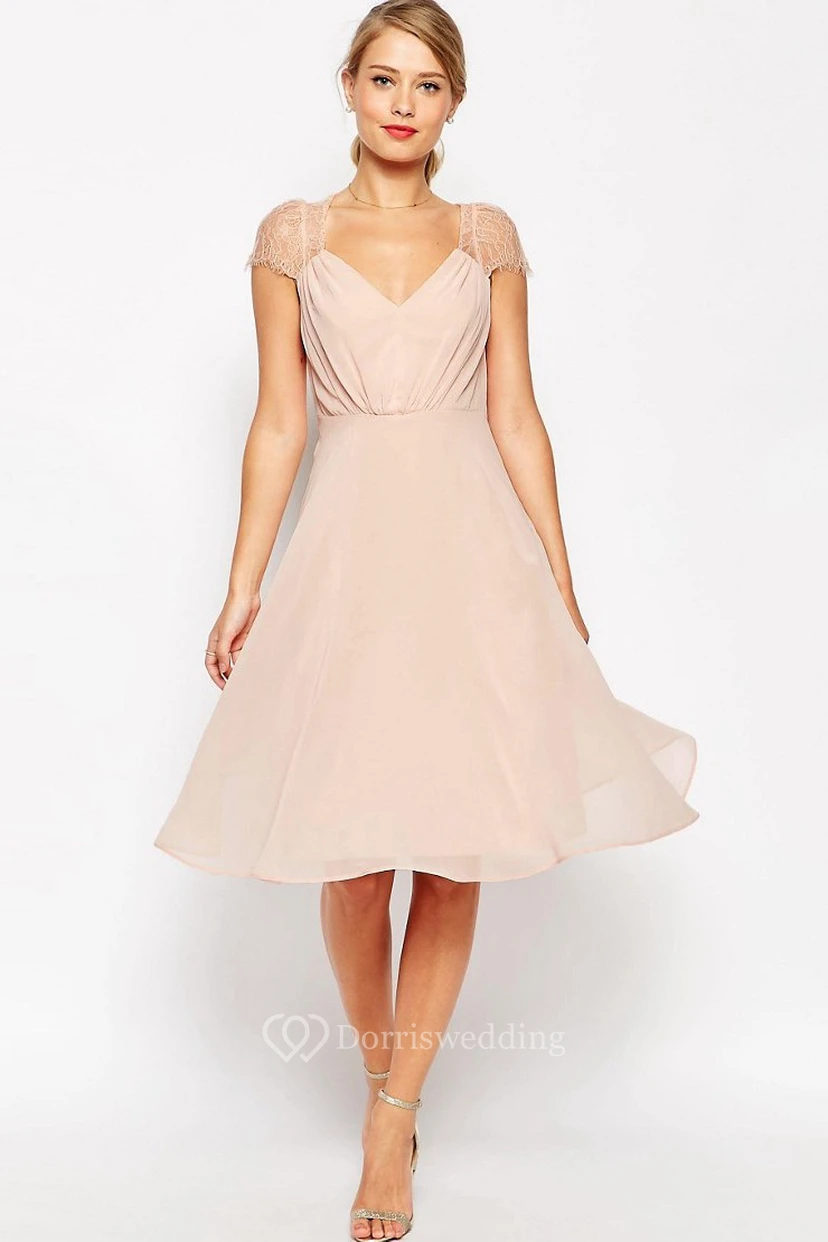 A-Line Knee-Length Ruched Cap Sleeve V-Neck Chiffon Blush Bridesmaid Dress