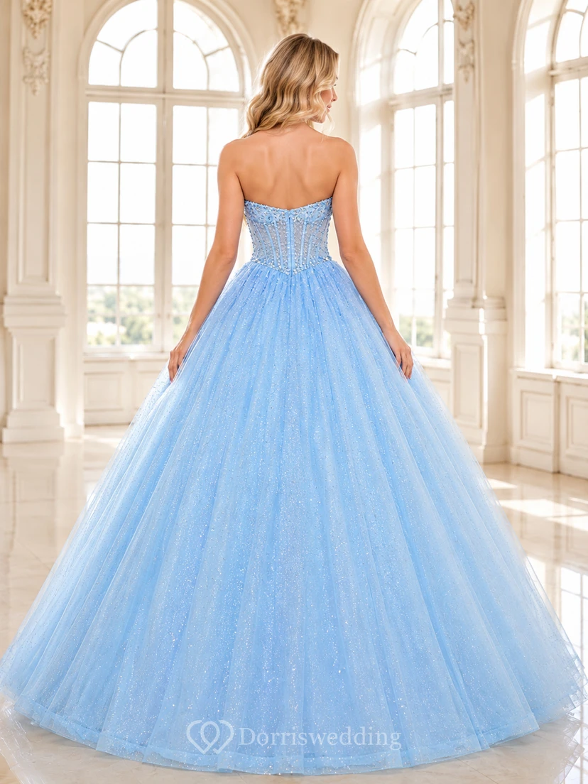 Sky Blue Elegant Strapless Sweetheart Beaded Glitter Tulle Quinceanera Princess Ball Gown view 2