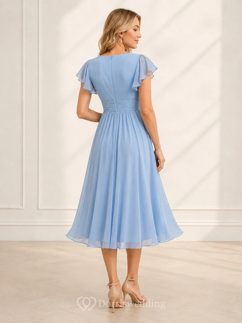 Sky Blue V-Neck Flutter Sleeve Chiffon A-Line Tea-Length Garden Dress view 2