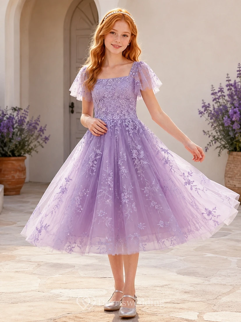 Lavendelfarbenes Brautjungfernkleid für junge Damen, A-Linie, Teelänge, eckige kurze Flügelärmel, Stickerei