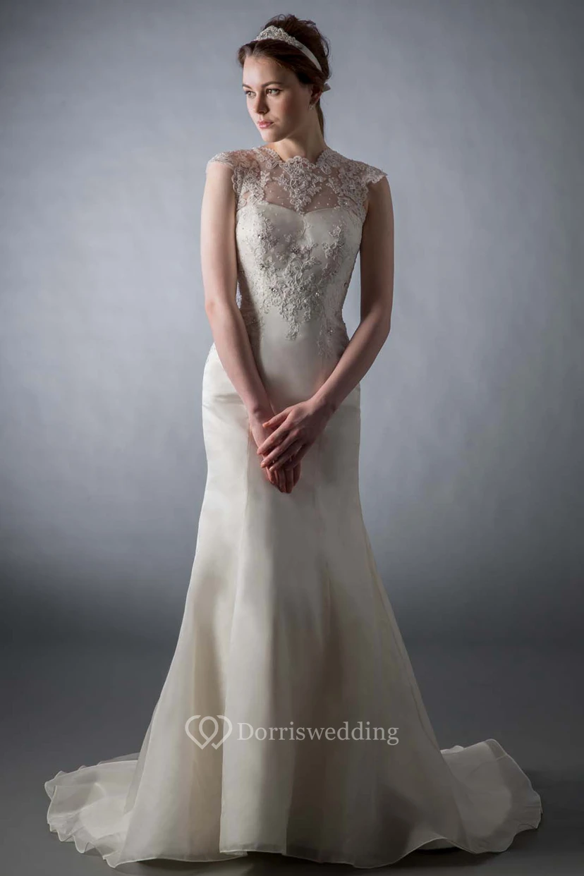 Sheath Jewel Floor-Length Cap-Sleeve Appliqued Satin Wedding Dress With Illusion Back And Beading