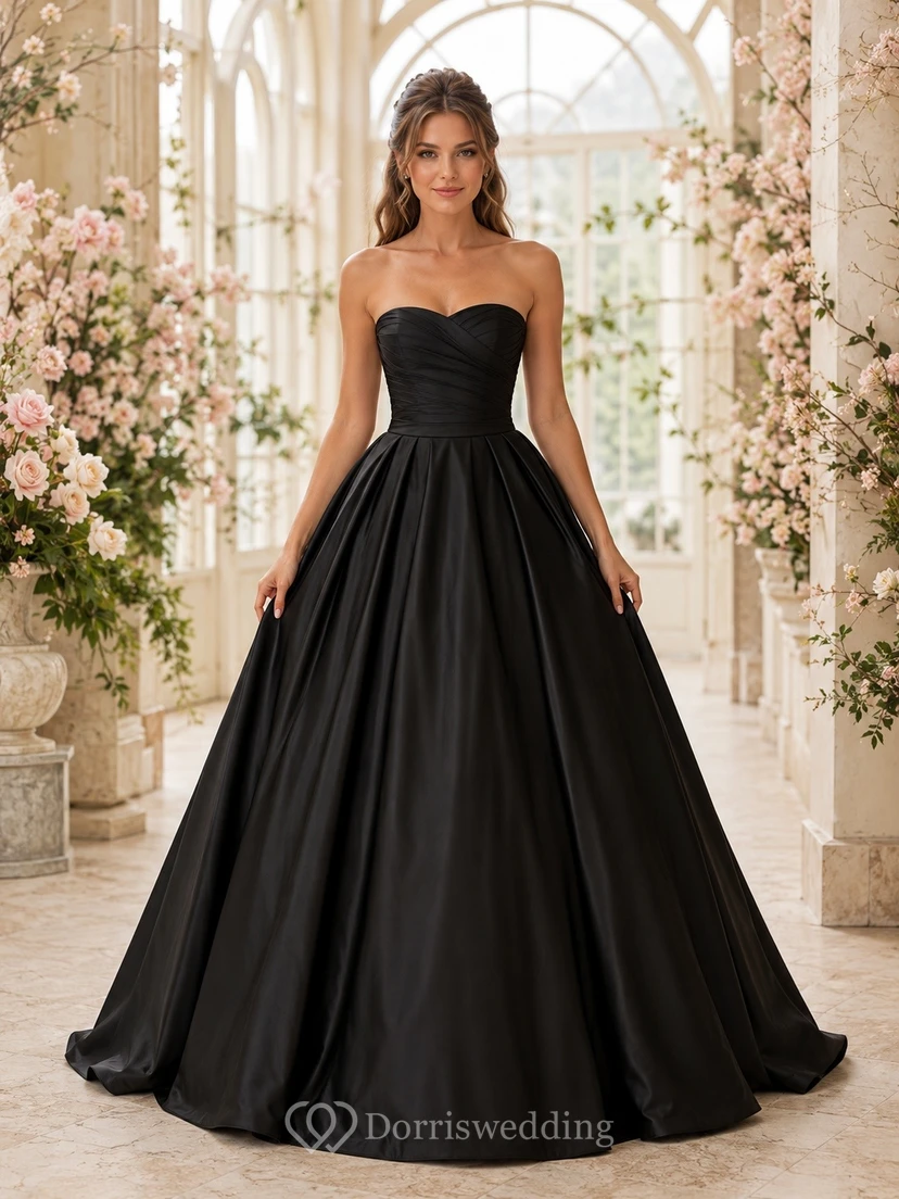 Vestido de noche de lujo negro sin tirantes y sin mangas, de satén, largo hasta el suelo.