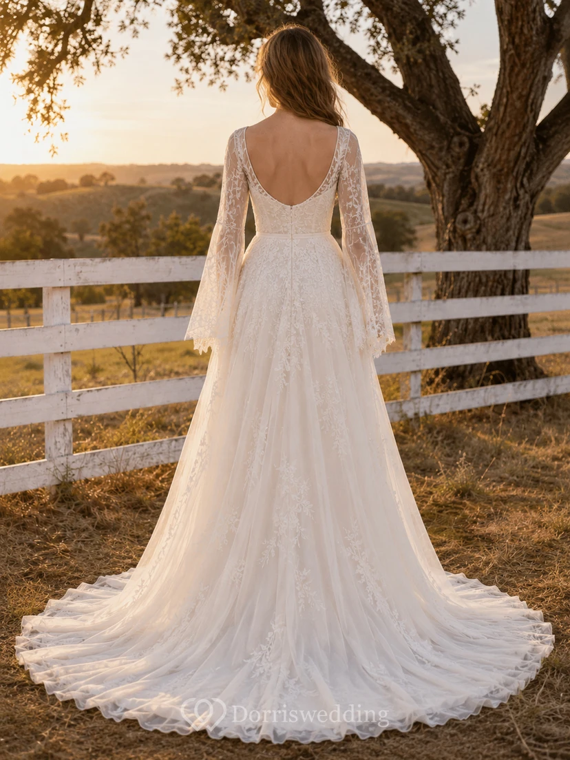 Rustic Scoop Neck Long Bell Lace Sleeve Chiffon A Line Wedding Gown view 2