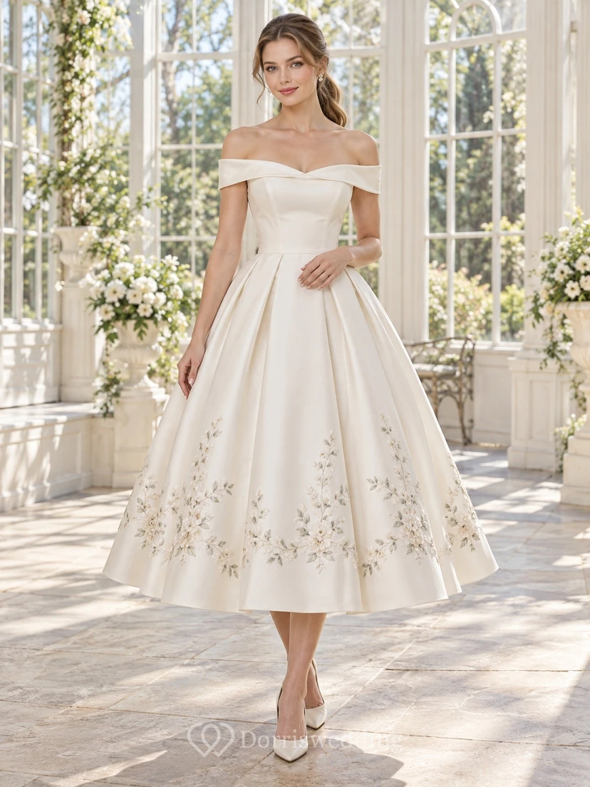 Vintage Tea-length Off Shoulder Floral Embroidered Satin A-line Wedding Dress