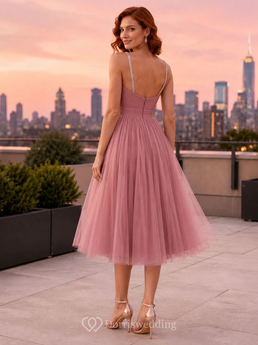 Dusty Rose Spaghetti Tulle A-Line Cocktail Dress view 2