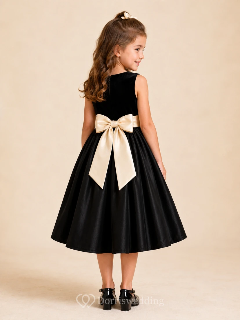 Black Vintage A-Line Velvet Flower Girl Dress Sleeveless Jewel Neck Tea-Length Oversized Bow view 2