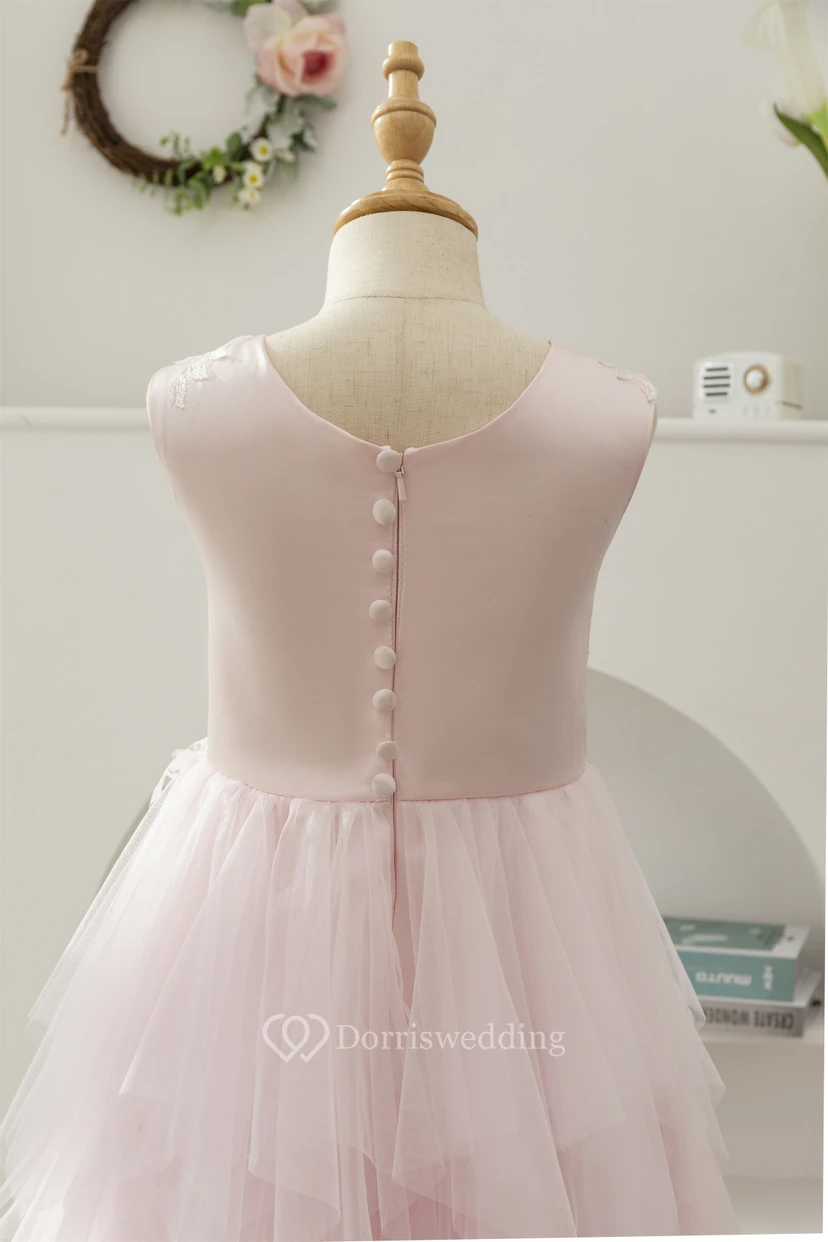 Bateau-neck Sleeveless Tulle A-line Layered Ruffled Applique Flowergirl Dress view 5