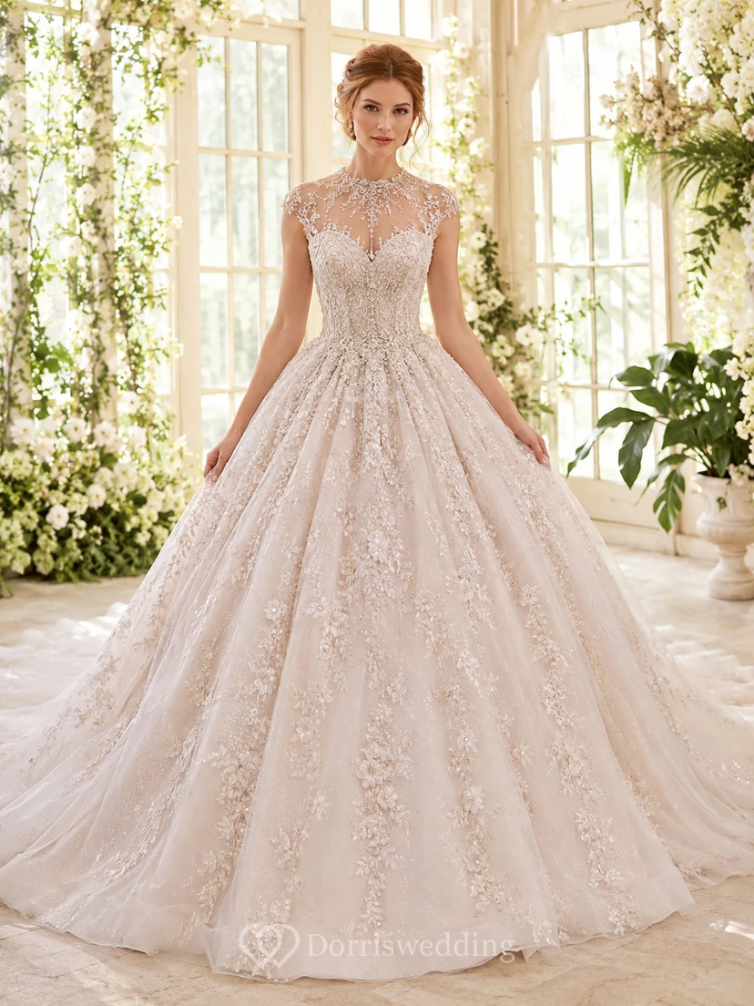 Robe de mariée de bal en dentelle illusion à col montant et traîne chapelle ornée de perles