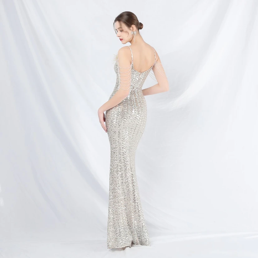 Craft Beaded Ostrich Feather Fantasy Sequined Long Evening Dress view 42