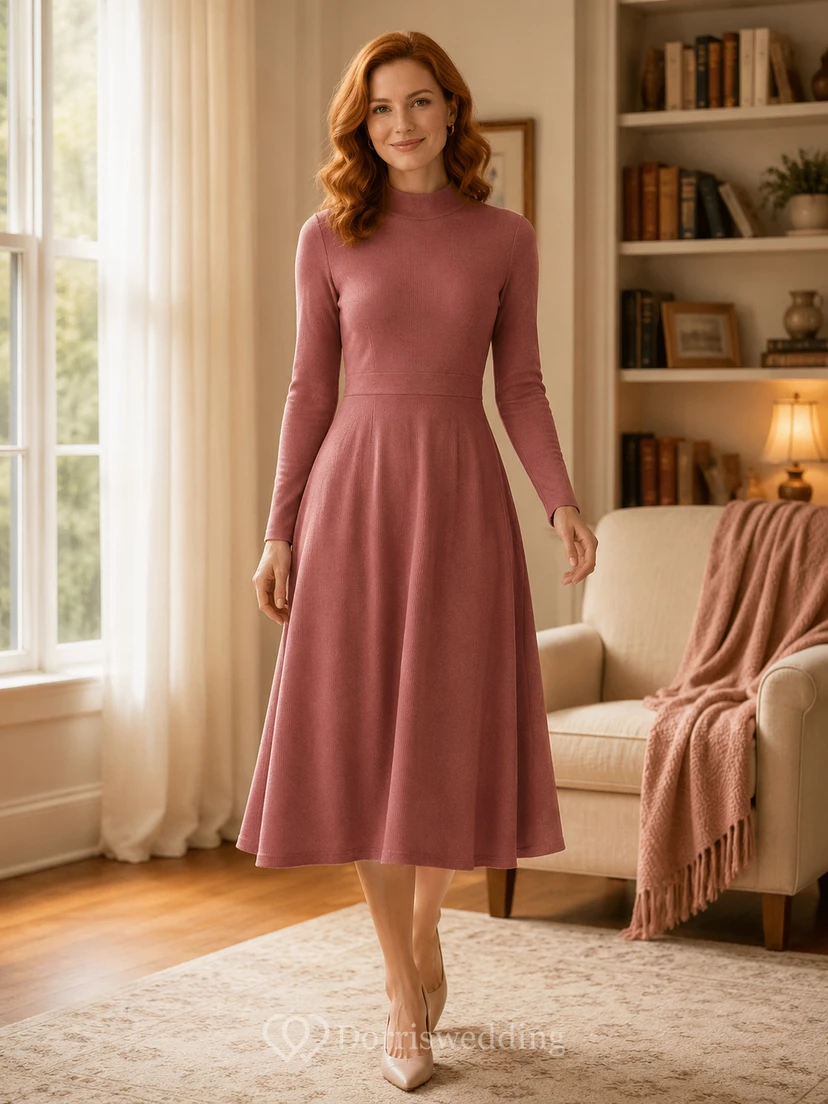 Dusty Rose Jewel Neck Long Sleeve Knit Midi Dress