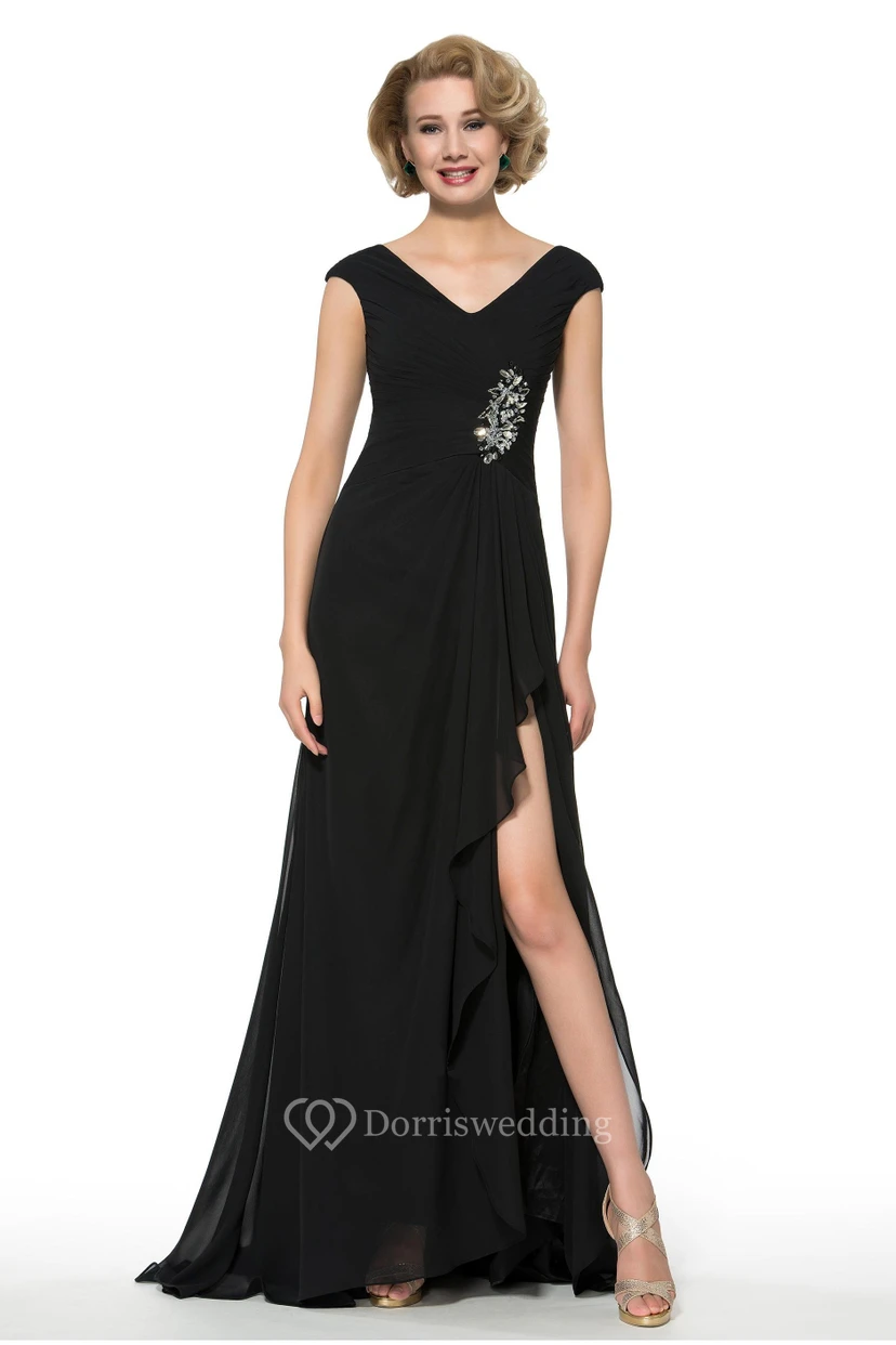 Elegant Chiffon V-Neck Cap Sleeve Long Dress with Beading