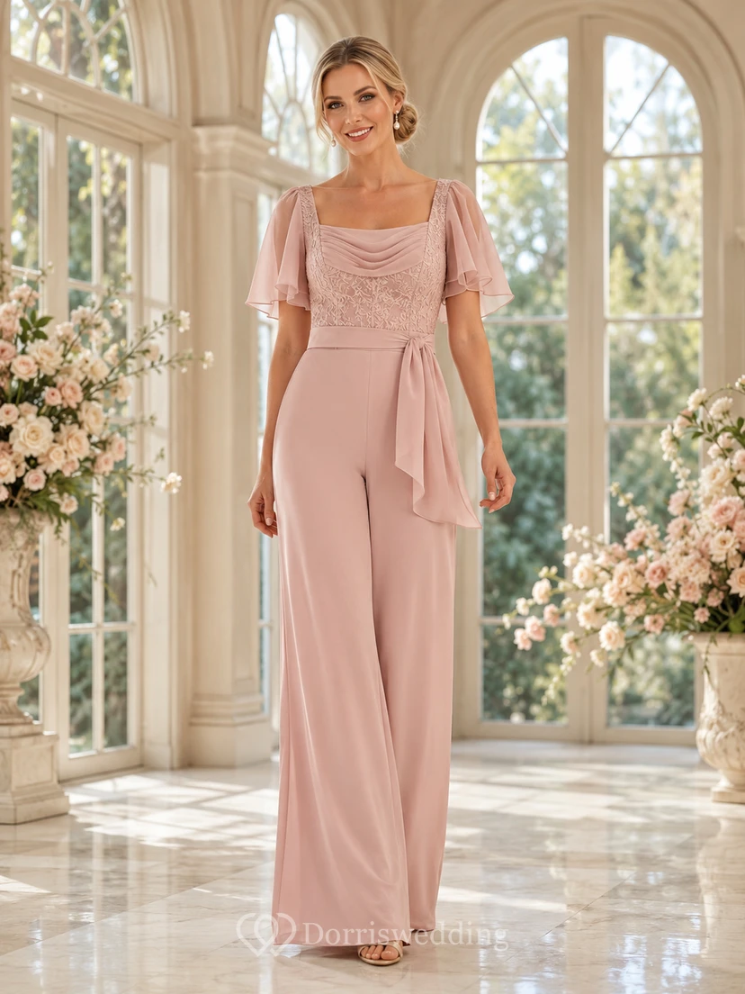 Dusty Rose Cowl Neck Beaded Lace Flutter Sleeve Wide Leg Floor Length Mother Jumpsuit