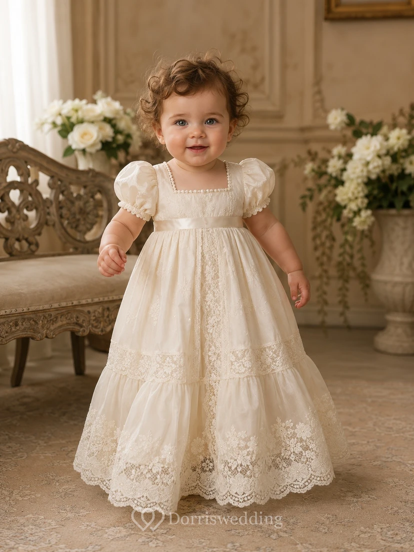 Vintage Puff Sleeve Square Neck Lace Floor Length Christening Baby Gown