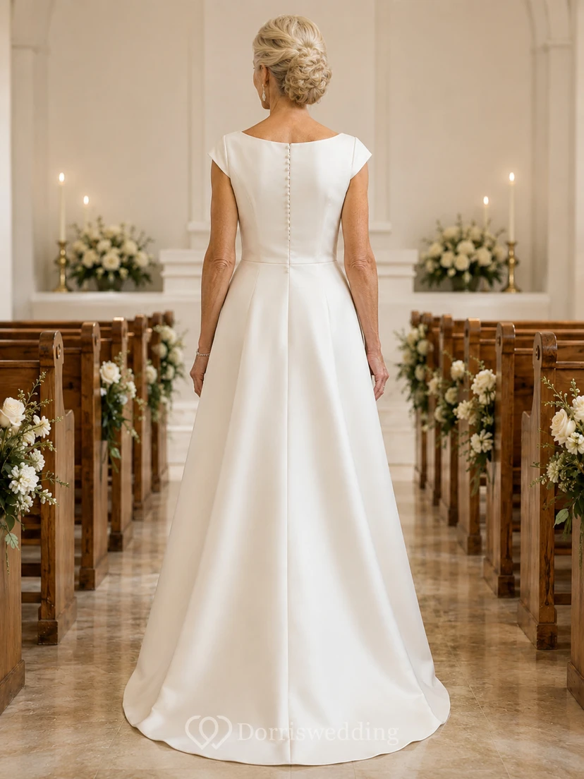 Bateau Satin High Low Older Brides Wedding Dress with Button Back view 2