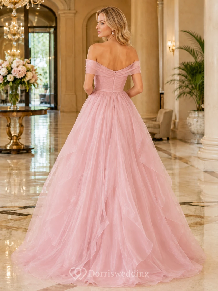 Blush Off Shoulder Layered Organza Ball Gown Formal Dress view 2