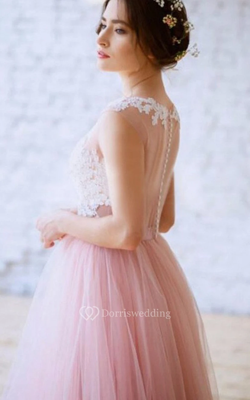 Tulle Floor-length A Line Sleeveless Casual Evening Dress with Lace and Pleats view 2