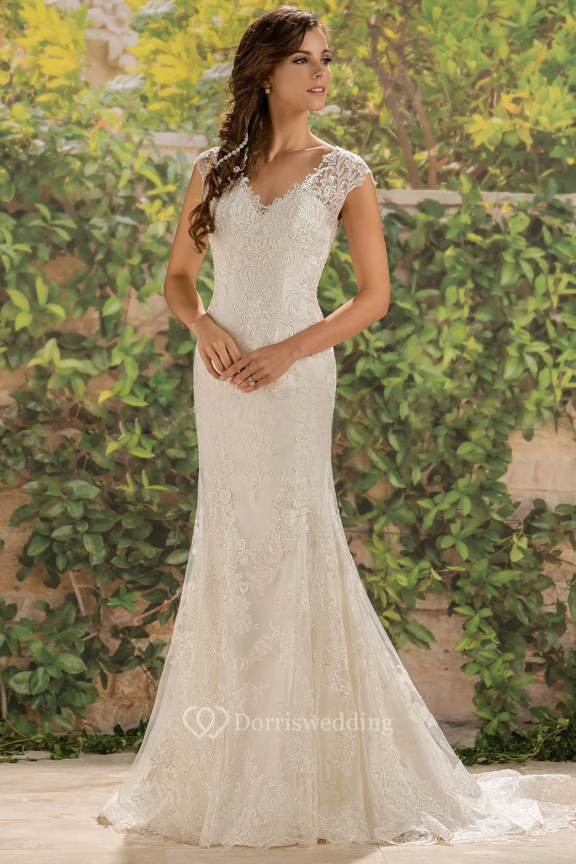 V-Neck Cap-Sleeved Lace-Appliqued Wedding Dress With Illusion Back