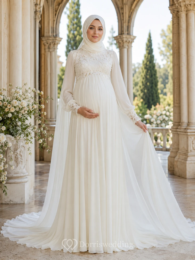 Vestido de novia de estilo imperio de encaje y gasa de manga larga para embarazadas, musulmán.