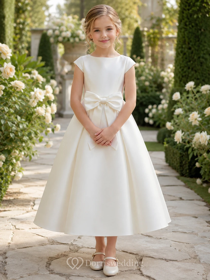 Vestido de niña de flores blanco sin mangas, de corte A, con escote joya y falda a la altura de la rodilla con detalle de lazo.