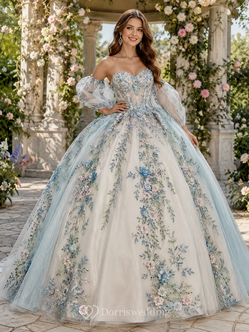 Robe de bal de princesse Quinceañera blanche et bleue à fleurs, épaules dénudées et manches bouffantes, style jardin enchanté