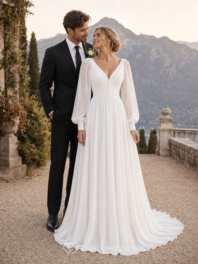 Chiffon-Hochzeitskleid mit langen Ärmeln und Puffärmeln in Übergröße im Empire-Stil view 4