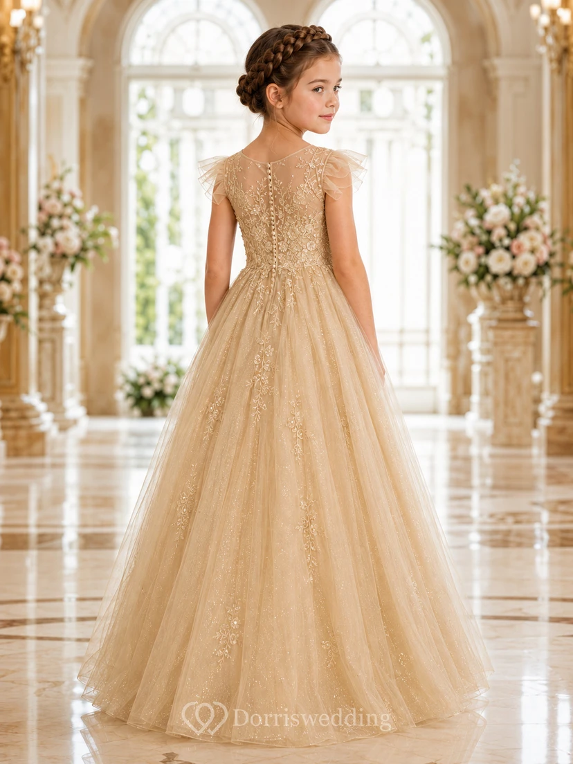 Robe de bal en tulle et dentelle champagne pour demoiselle d'honneur view 2