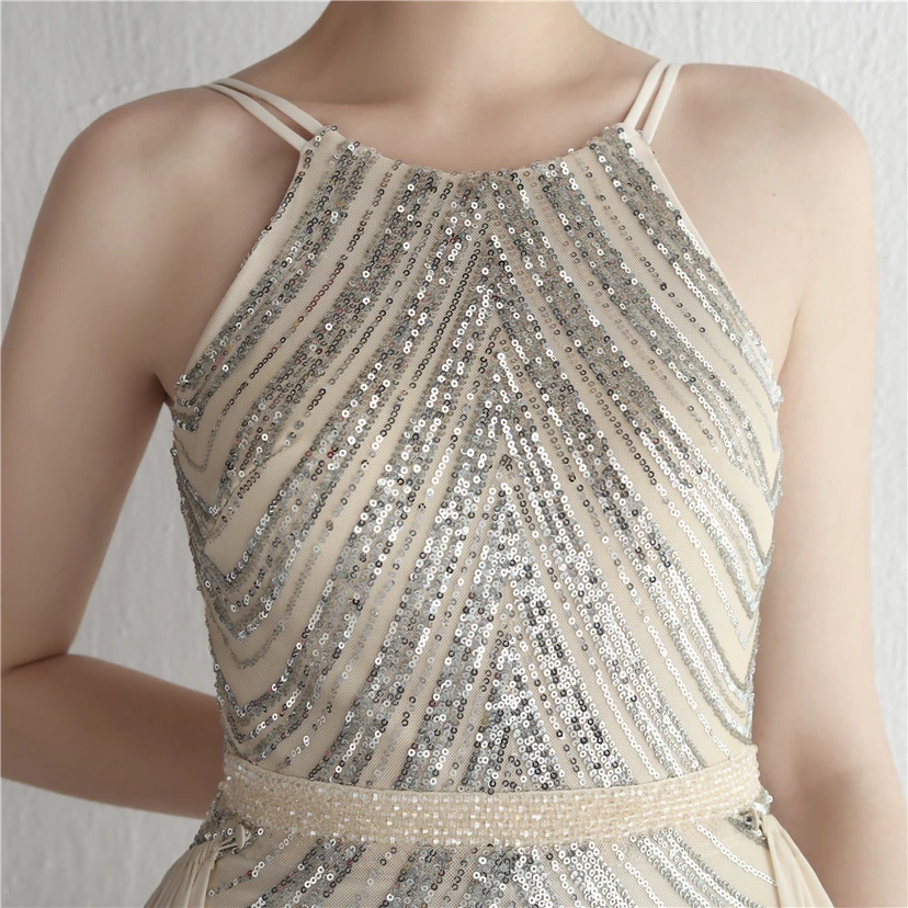Paillettenbesetzter Chiffonrock mit Blumenmuster, handgefertigt mit Perlen und Neckholder-Ausschnitt, elegant und kühl, perfekt für festliche Anlässe. view 33