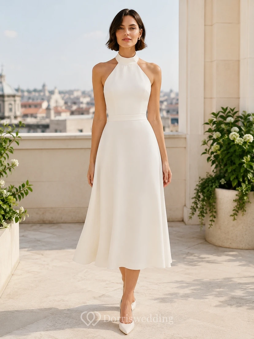 Vestido formal de corte A, largo midi, sin mangas y cuello alto, de satén blanco con rica textura.
