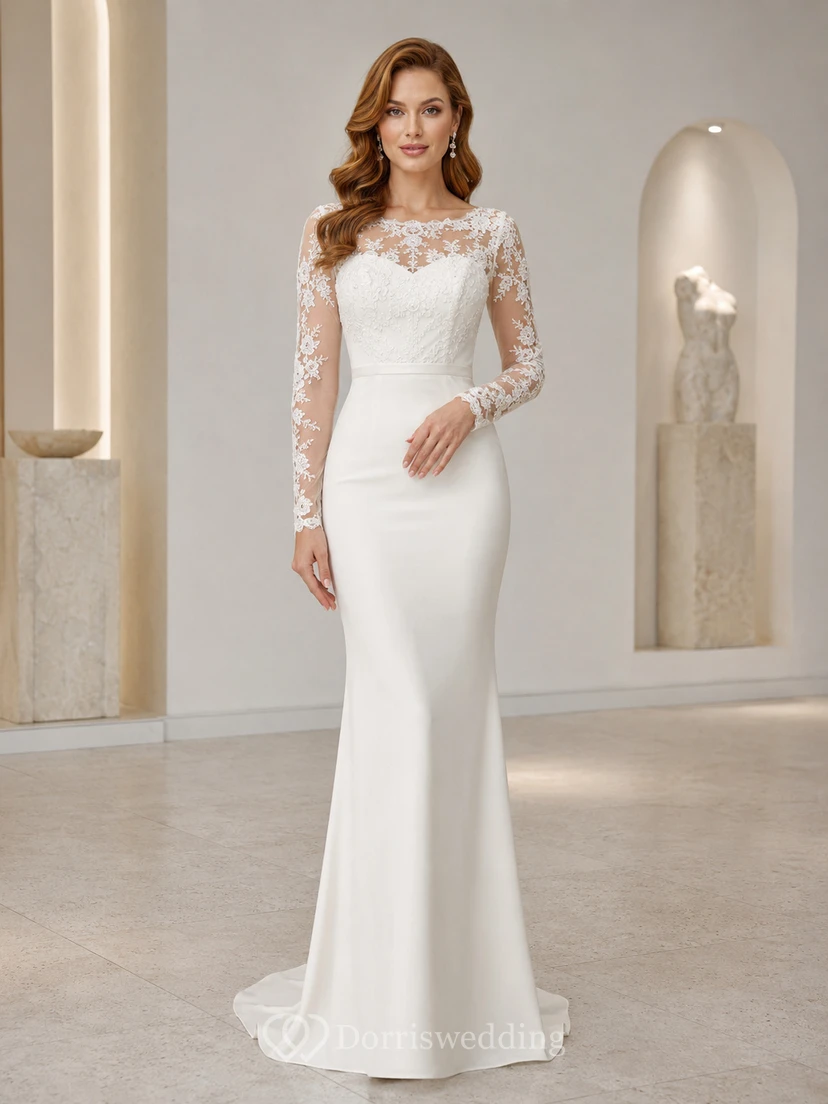 Robe de mariée sirène à manches longues en dentelle illusion bateau, style modeste, style court