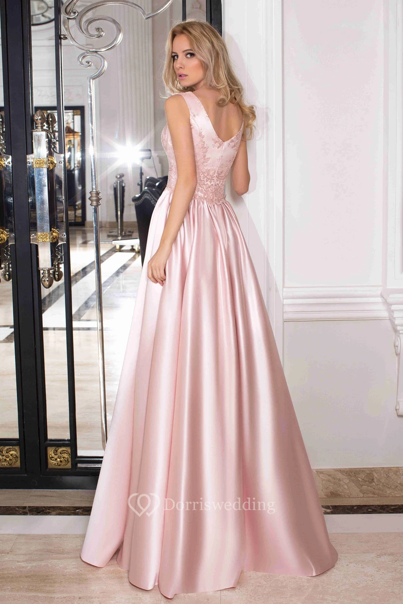 A-Line Floor-Length Bateau Sleeveless Satin Embroidery Low-V Back Dress view 2