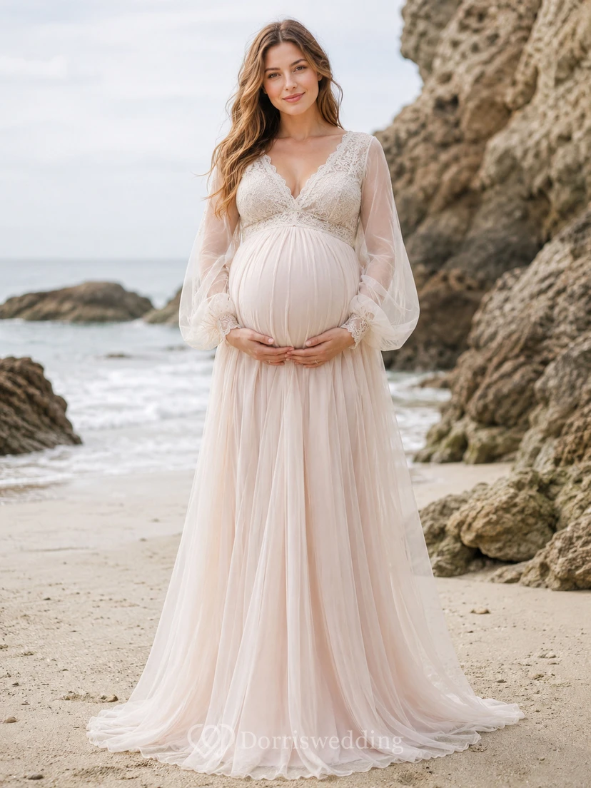 Robe de mariée de maternité bohème de plage, col en V, longue en dentelle, manches bouffantes, style empire, en mousseline, en mousseline.