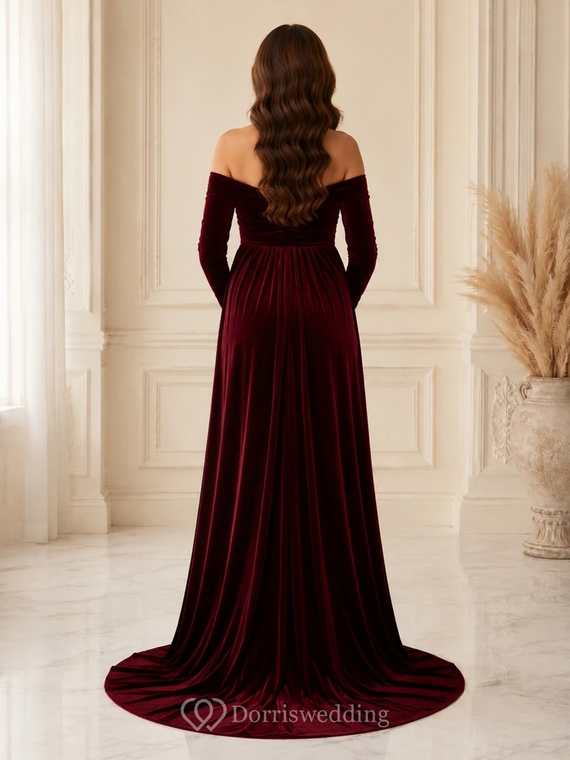 Maternity Burgundy Off Shoulder Long Sleeve Velvet Maxi Dress view 2