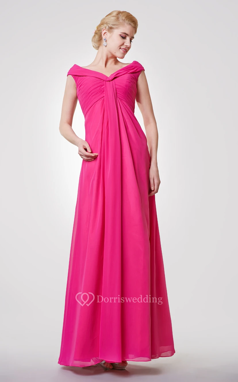 Classic V-neck Cap-sleeved A-line Chiffon Long Dress With Pleats