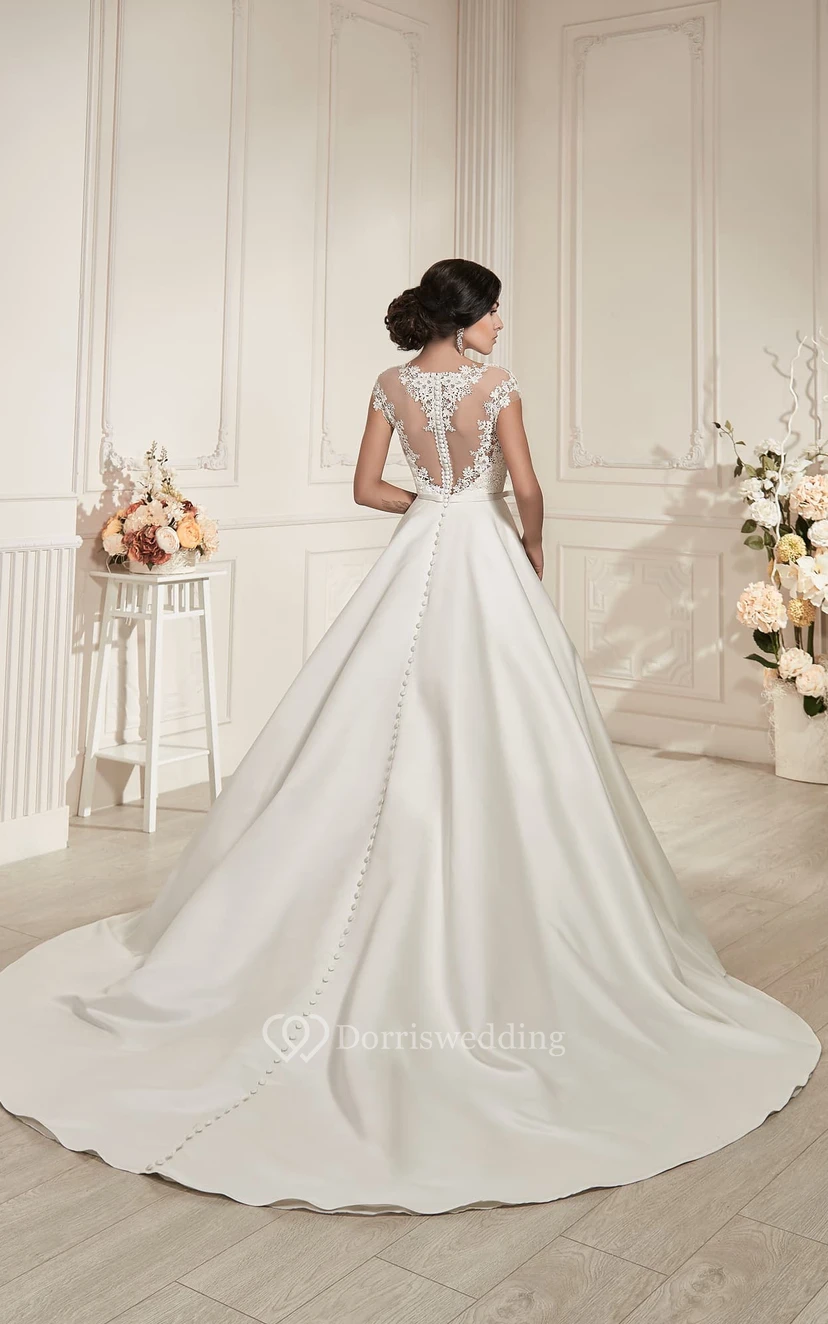 A-Line Long Jewel-Neck Cap-Sleeve Illusion Satin Dress With Appliques view 2