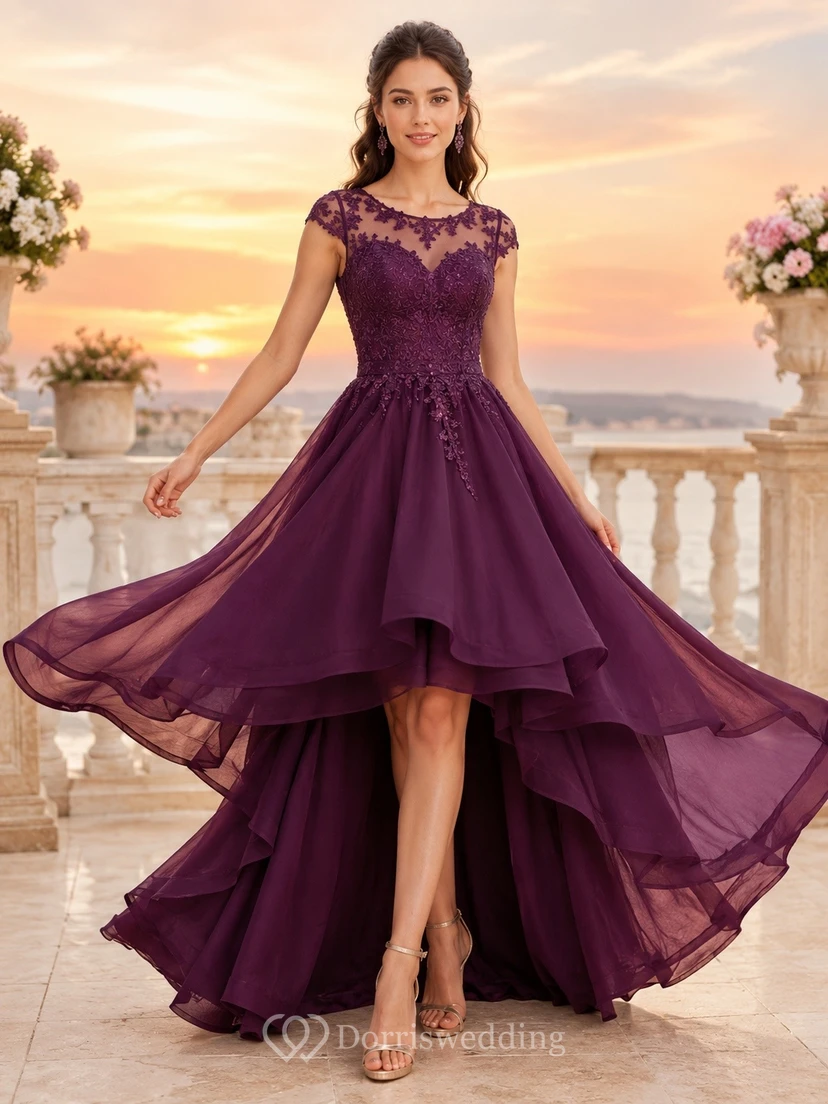 Plum V-Neck Short Sleeve Tiered Tulle High-Low Prom Dress