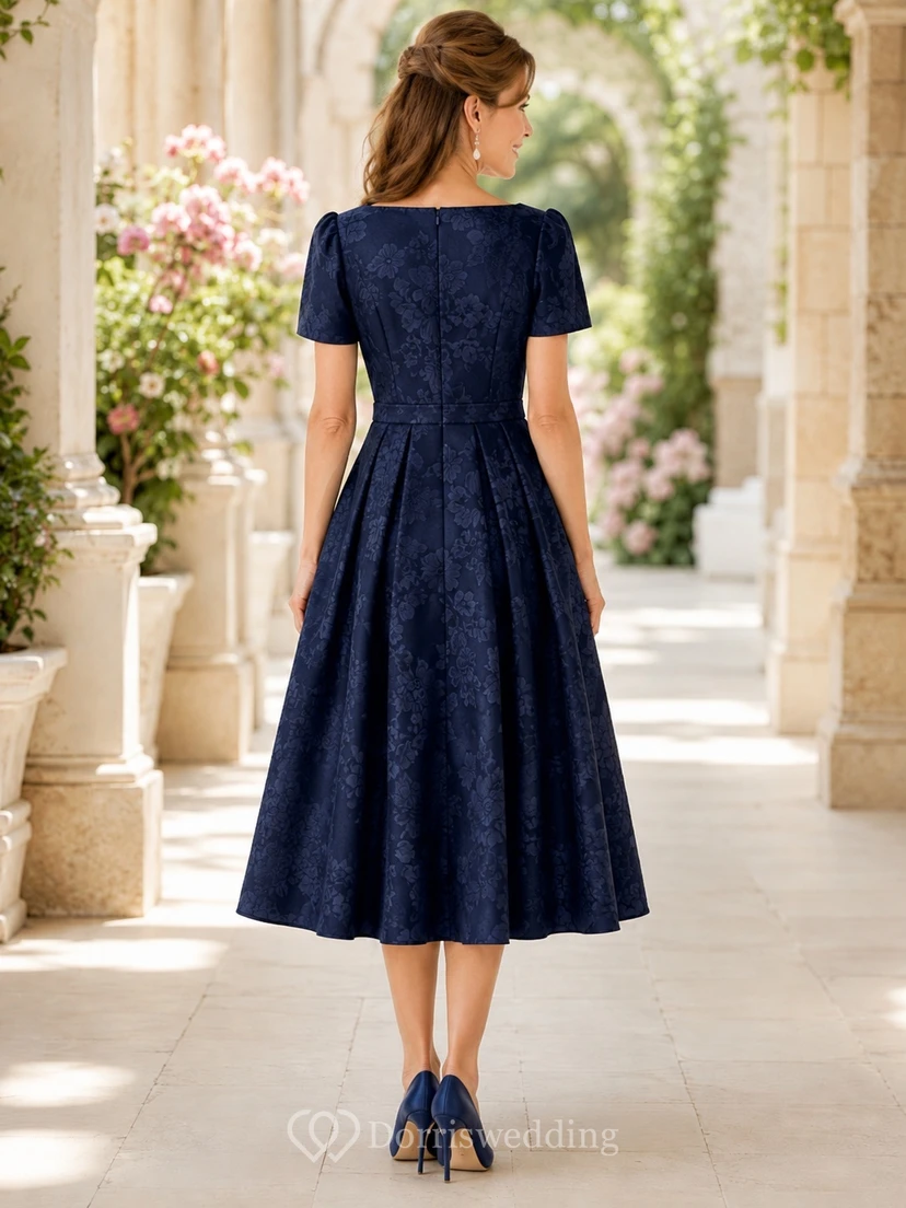 Dark Navy Floral Jacquard Short Sleeve Square Neck Tea-Length A-Line Mother Dress view 2
