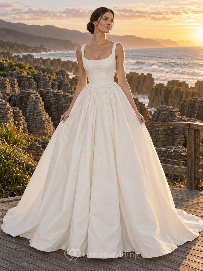 Einfaches Ballkleid mit Rundhalsausschnitt und breiten Trägern – Brautkleid